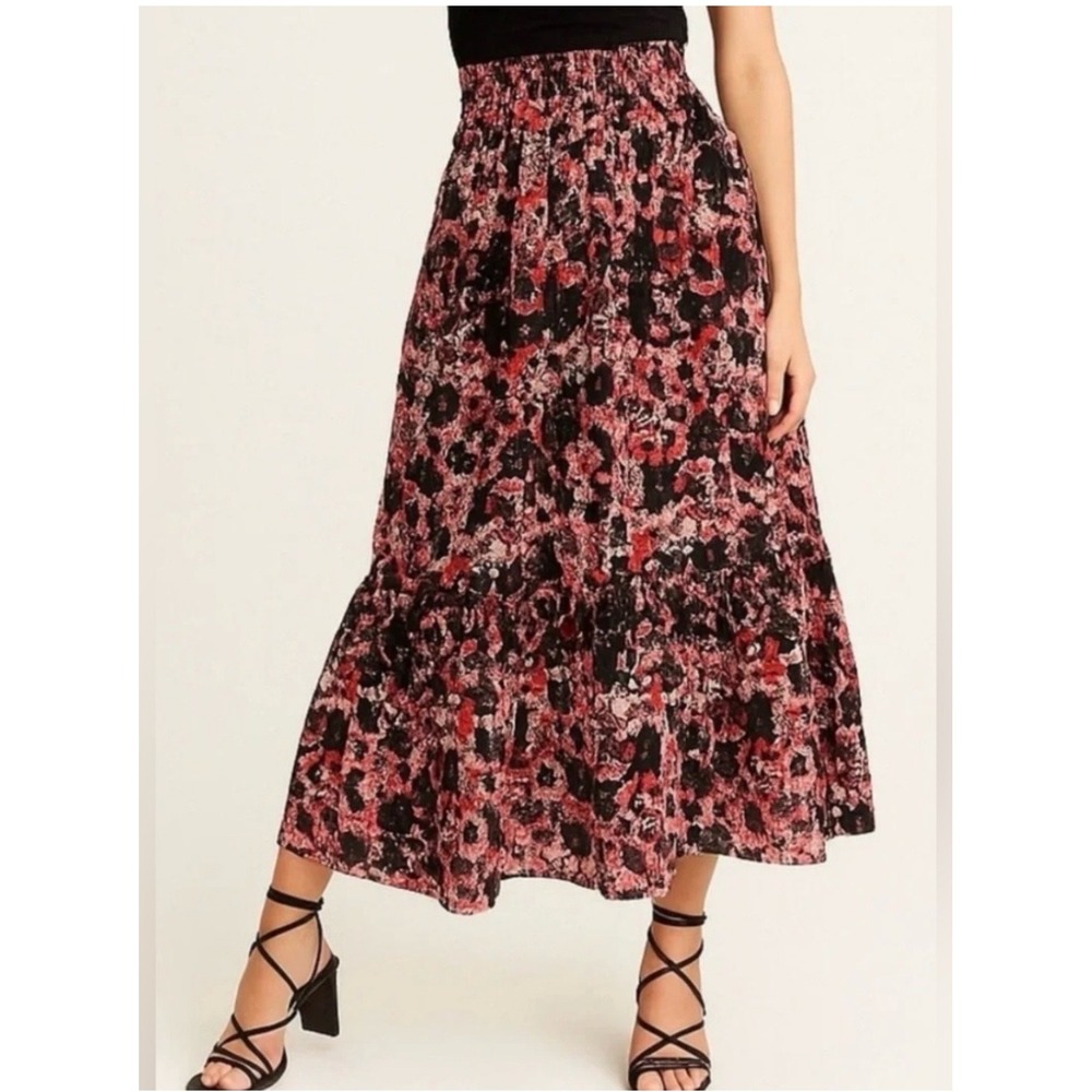 Maeve Anthropologie Red Black Floral Tiered Maxi Skirt Smocked Waist Large